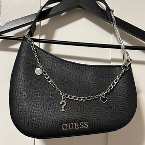 GUESS Black Shoulder Bag with Silver Chain Bag Charm